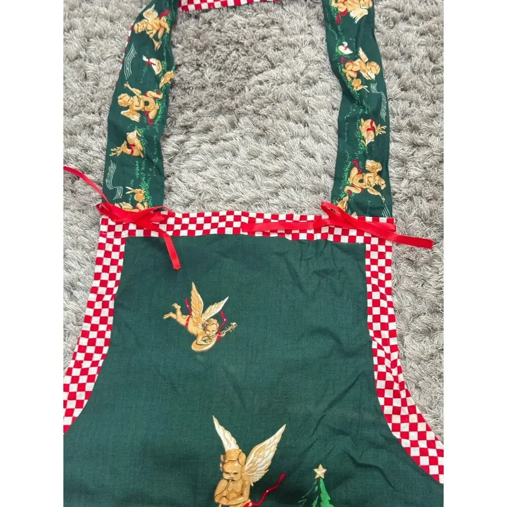 Vintage Handmade Christmas Apron Santa Teddy Bear Holiday Kitchen Gingham Trim